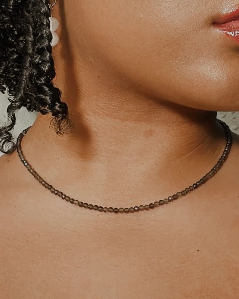 Smoky Quartz 2mm Crystal Gemstone Faceted Bead Minimalist Dainty Choker Necklace
