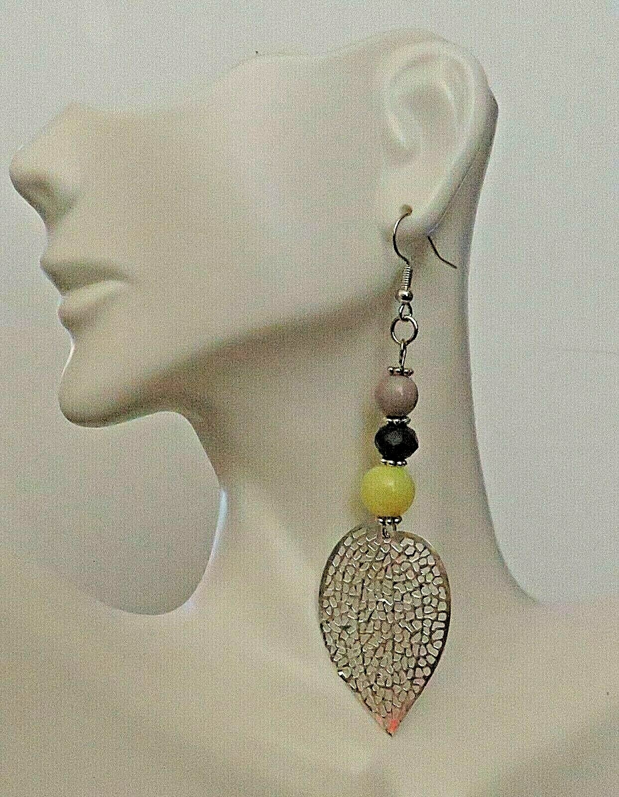 Yellow Black Gray Beaded Drop with Silver Leaf Filigree 2.75″ Dangle Hook