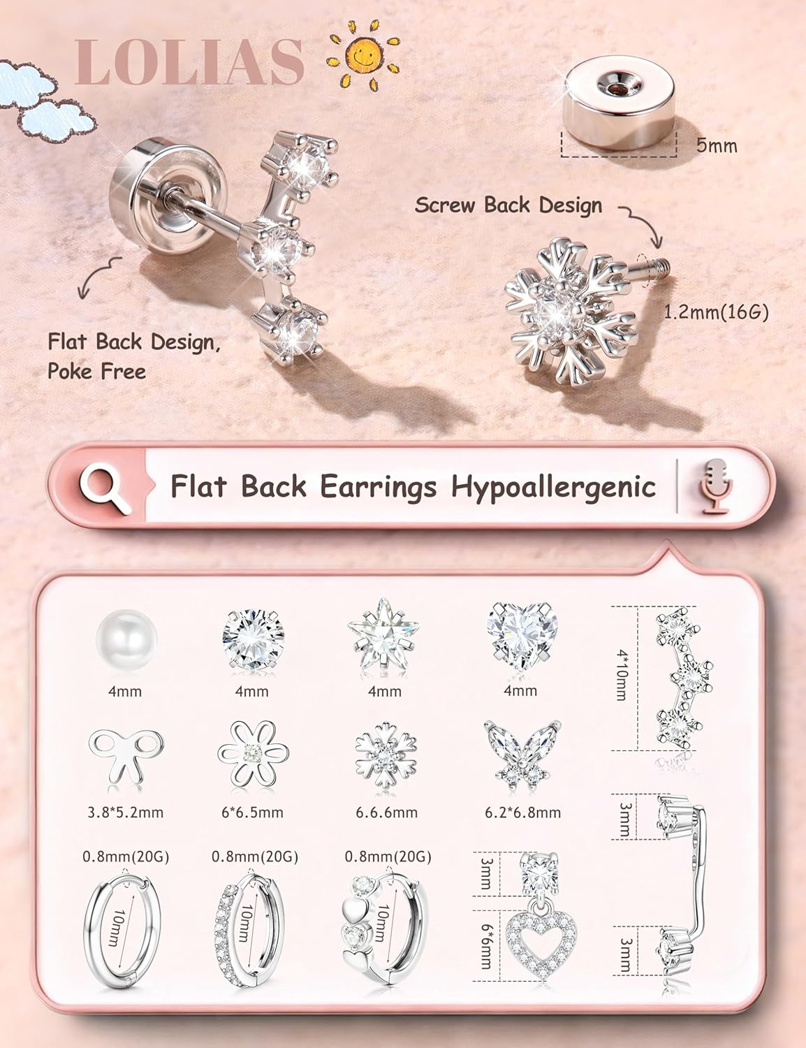 Hypoallergenic Flat Back Earrings for Women Girls-Surgical Stainless Steel Earri
