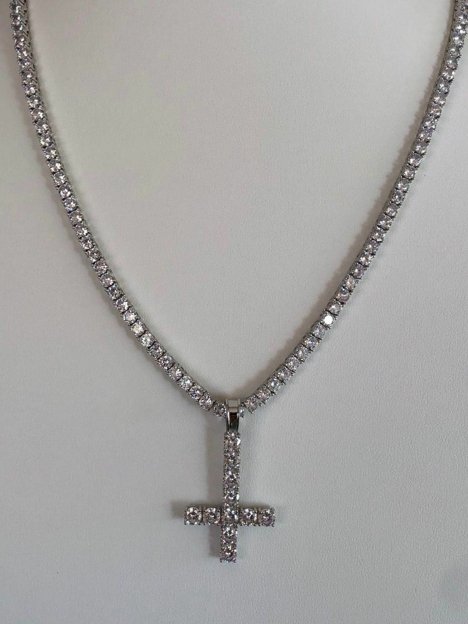 Inverted Cross Upside Down Real Solid 925 Sterling Silver Tennis Chain CZ