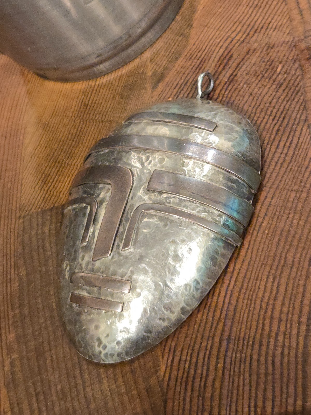 Large MCM Mexico Modernist Copper Silver Hammered Mayan Aztec Mask Pendant