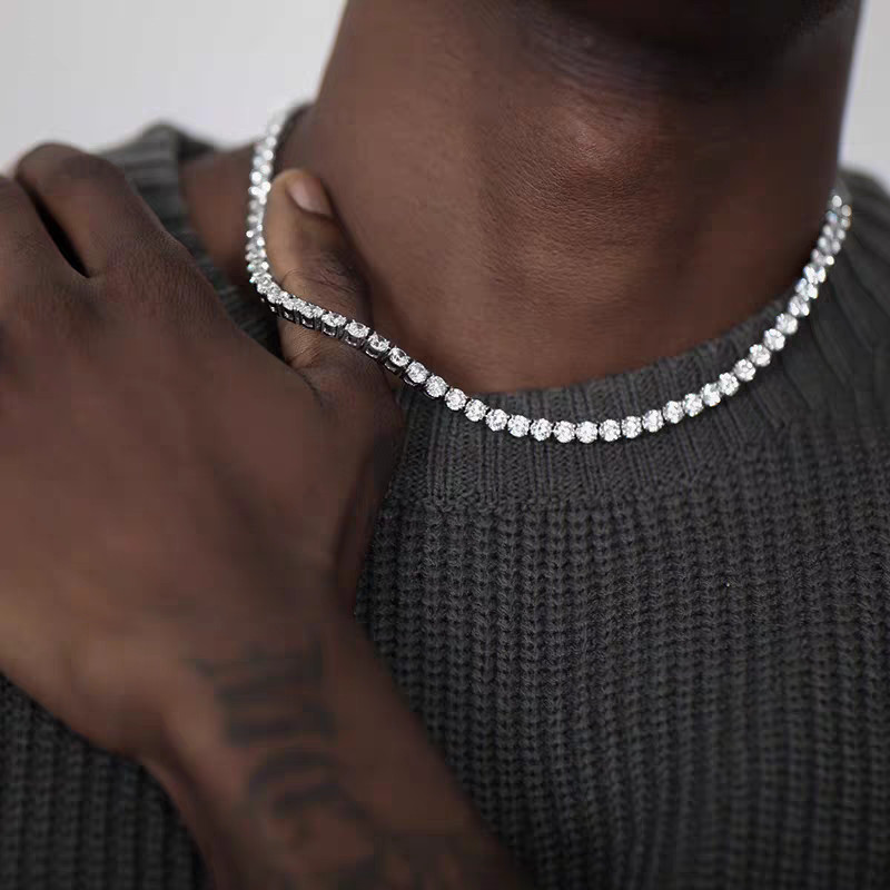 4mm Certified Moissanite VVS1 Tennis Chain Necklace 925 Solid Silver Women Men