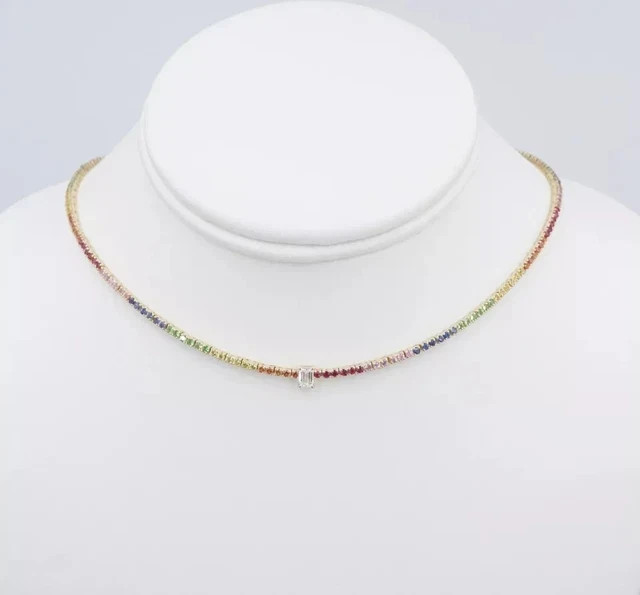 13Ctw Round Cut Tennis Necklace Diamond Rainbow Sapphire 14K Yellow Gold Plated