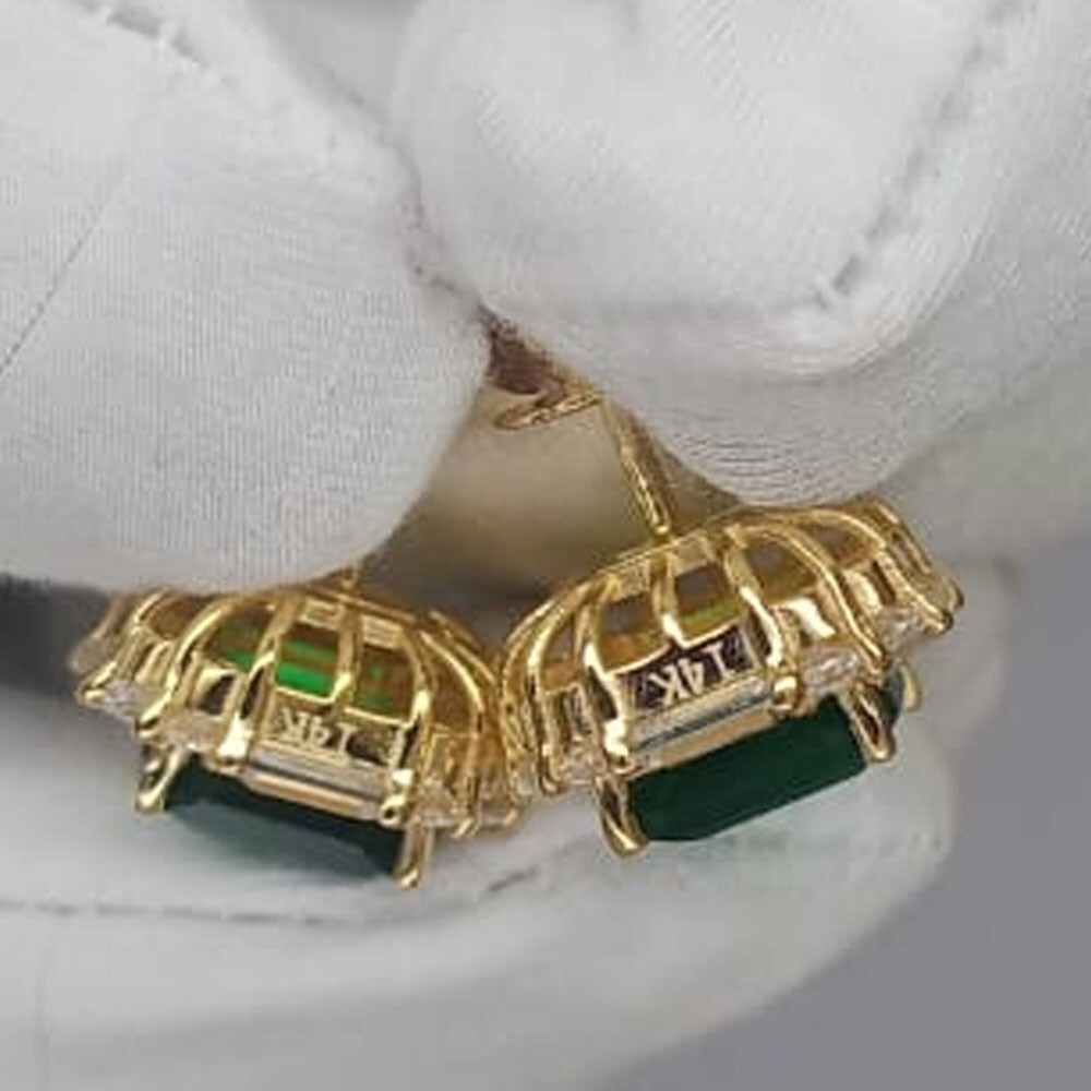 5.16Ct Asscher Cut Natural Emerald & Diamond Stud Earring 14K Solid Yellow Gold