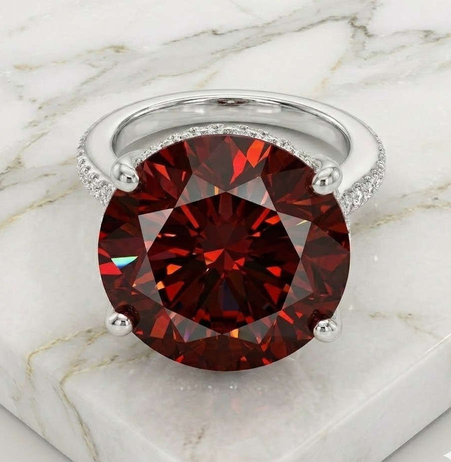 28.00 CT Certified Round Cut Red Diamond Ring, Tariffs FREE & Matching Studs