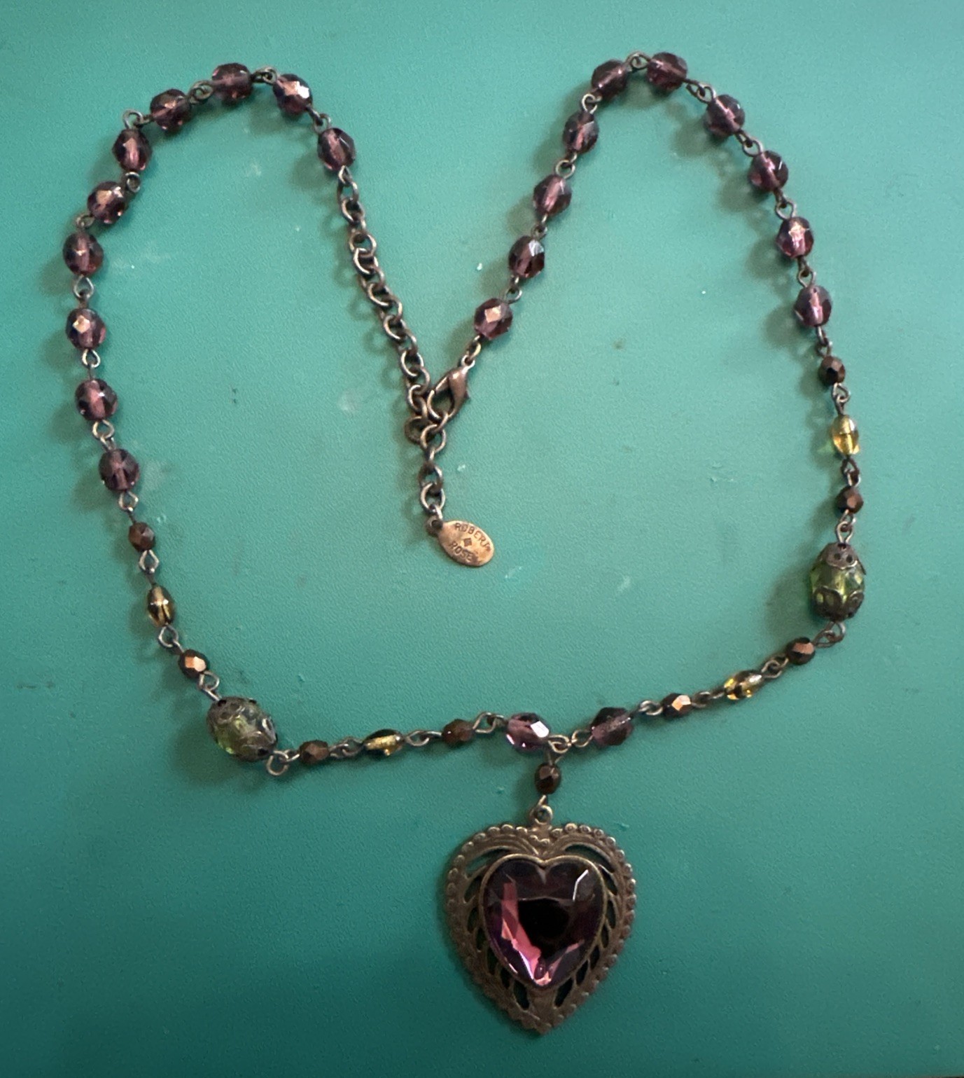 VINTAGE JEWELRY ROBERT ROSE HEART NECKLACE AMETHYST TONE BEADS ESTATE