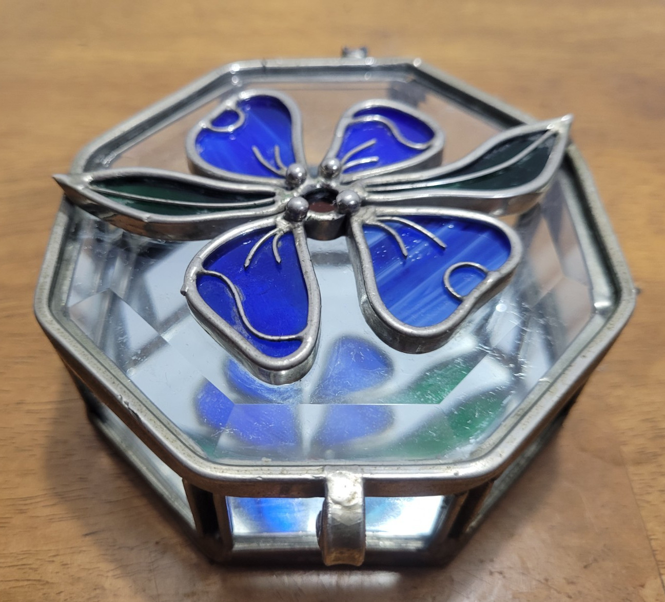 Octagon Stained Glass Trinket Jewelry Box Mirrored Bottom Hinged Top Flower