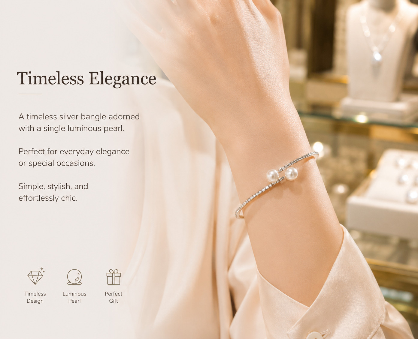 Pearl Silver Bangle Bracelet