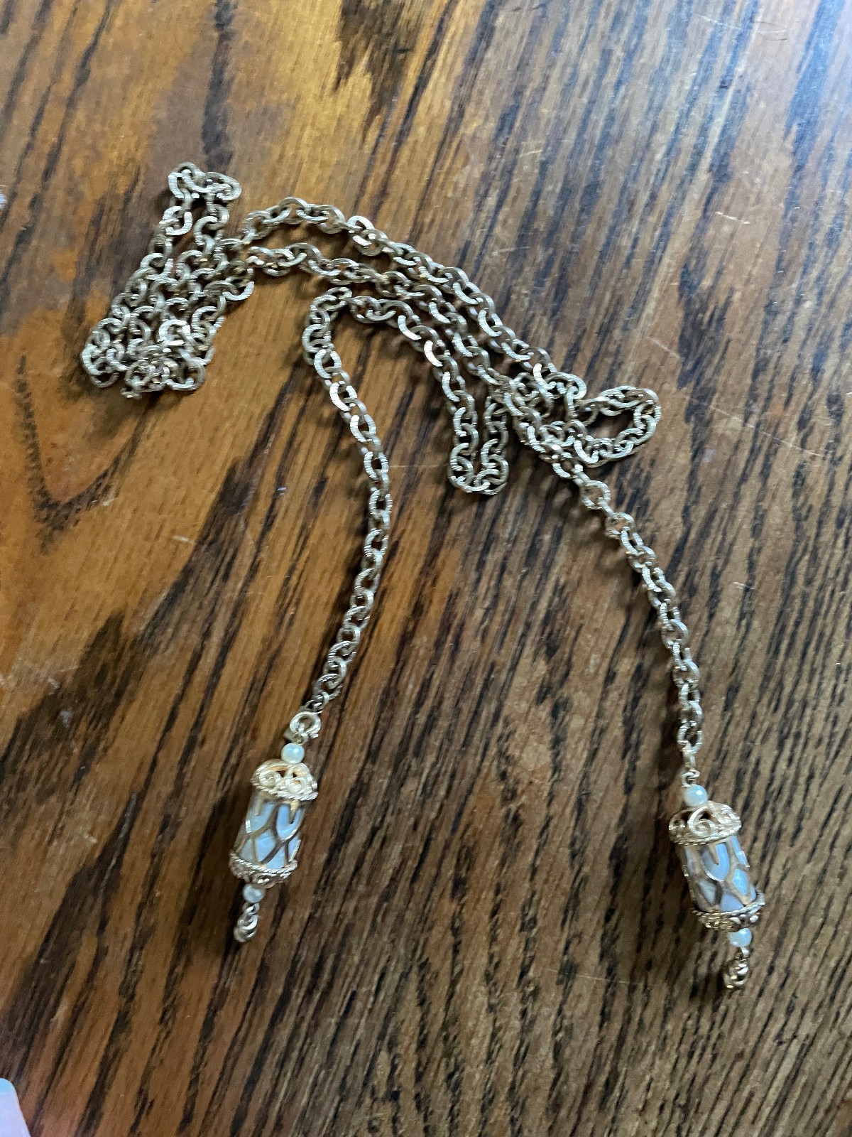 Vintage 60s Signed Emmons Magic Lantern Necklace Faux Mother of Pearl Dangles
