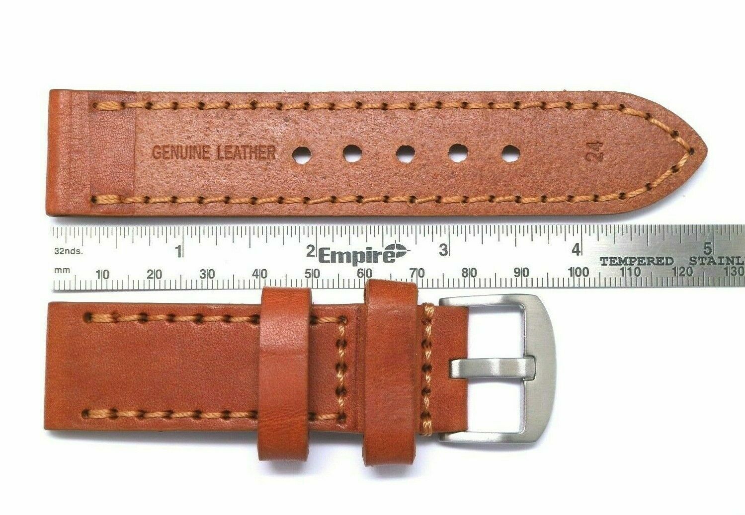 24mm Quality Orange Brown Genuine Leather Watch Band Stainless Matte Buckle