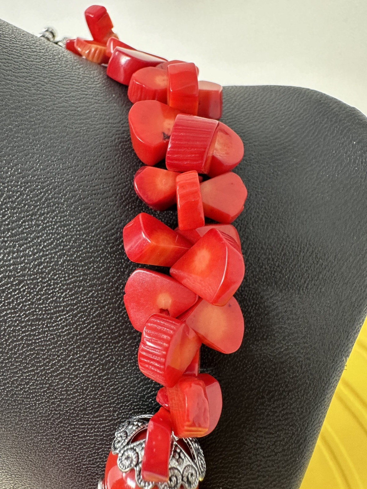 Sterling Silver Cross On A Red Coral Bead Necklace 114 Grams 17 Inch