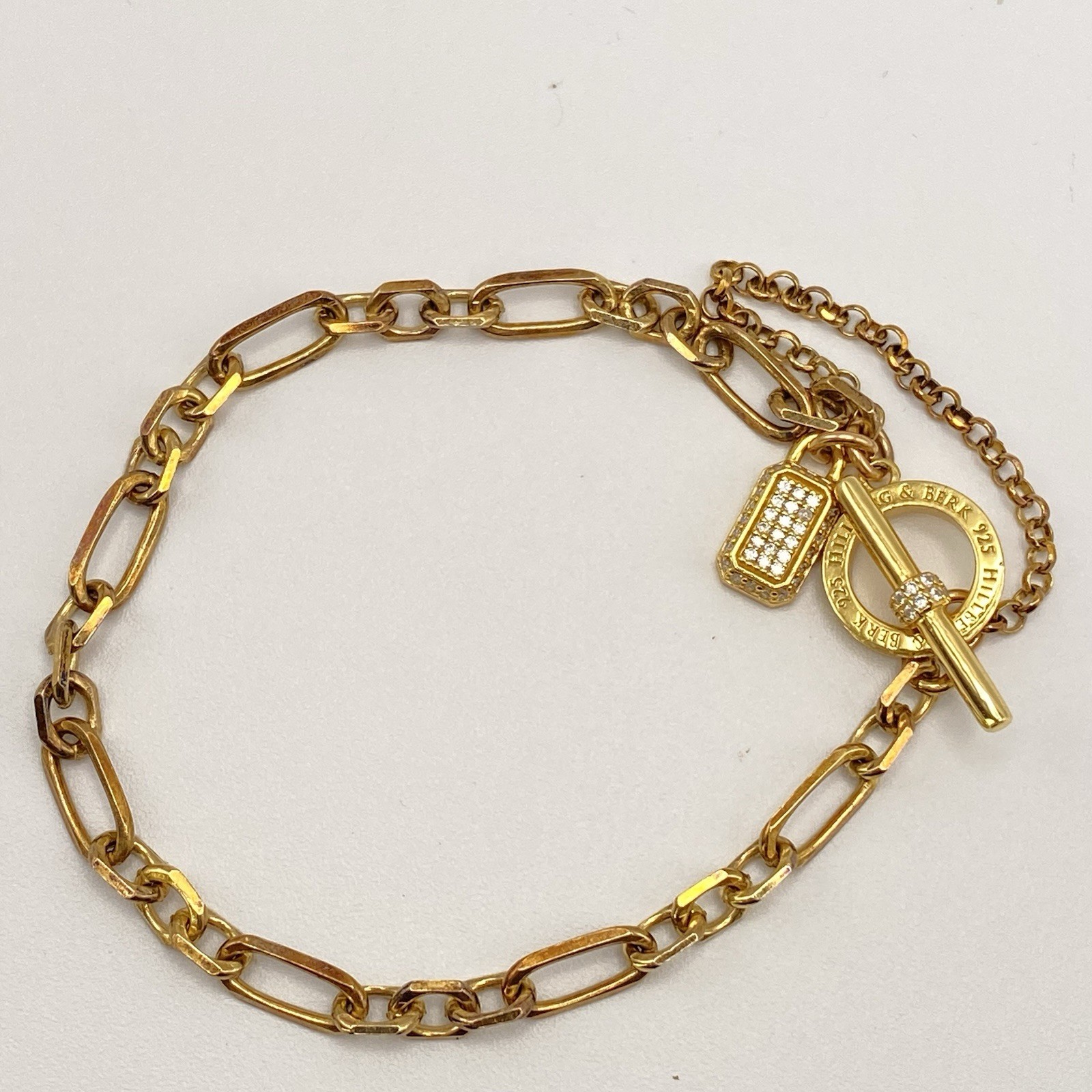 Hillberg & Berk Gemstone Bracelet 925 Gold Paper Clip Lock Charm Cubic Zirconia