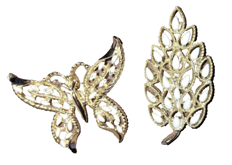 set 2 Vintage 1970s Gerry’s White Enamel butterfly & Leaf Gold Tone Brooch