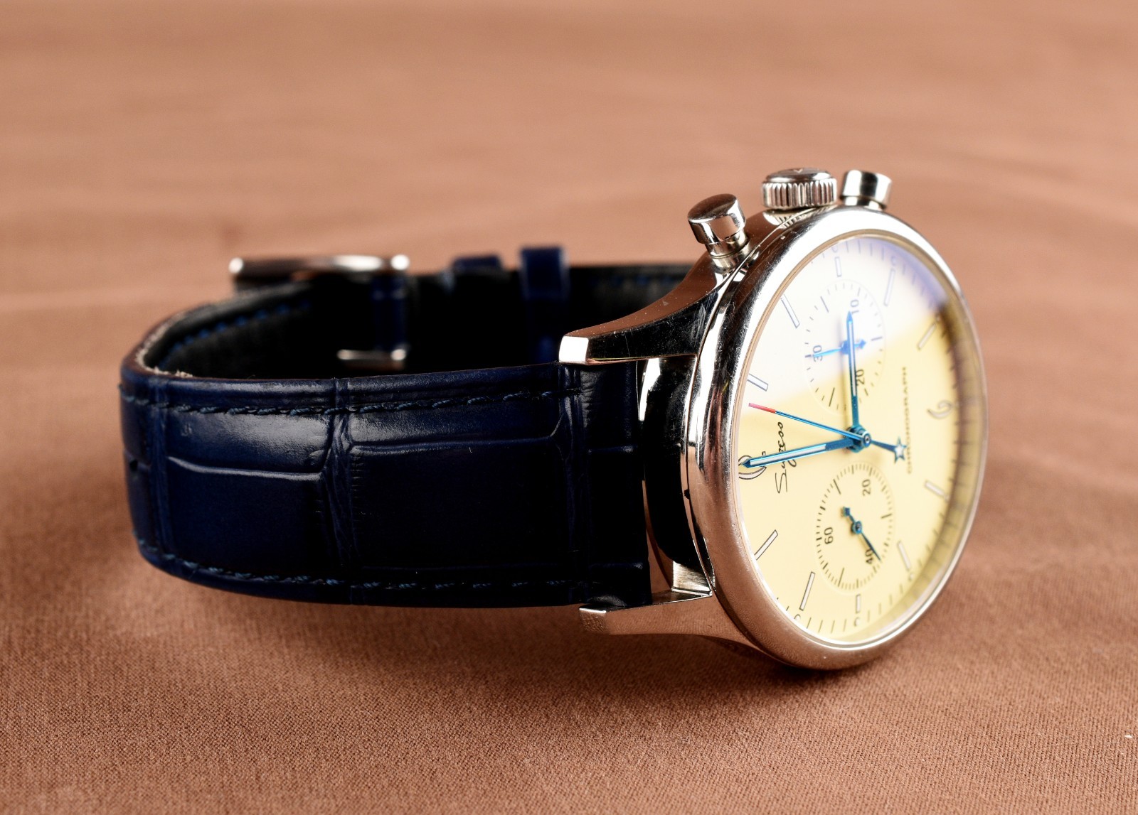 *Sugess Chronograph Mechanical II ST1901 Stainless Steel, Navy Leather Bracelet