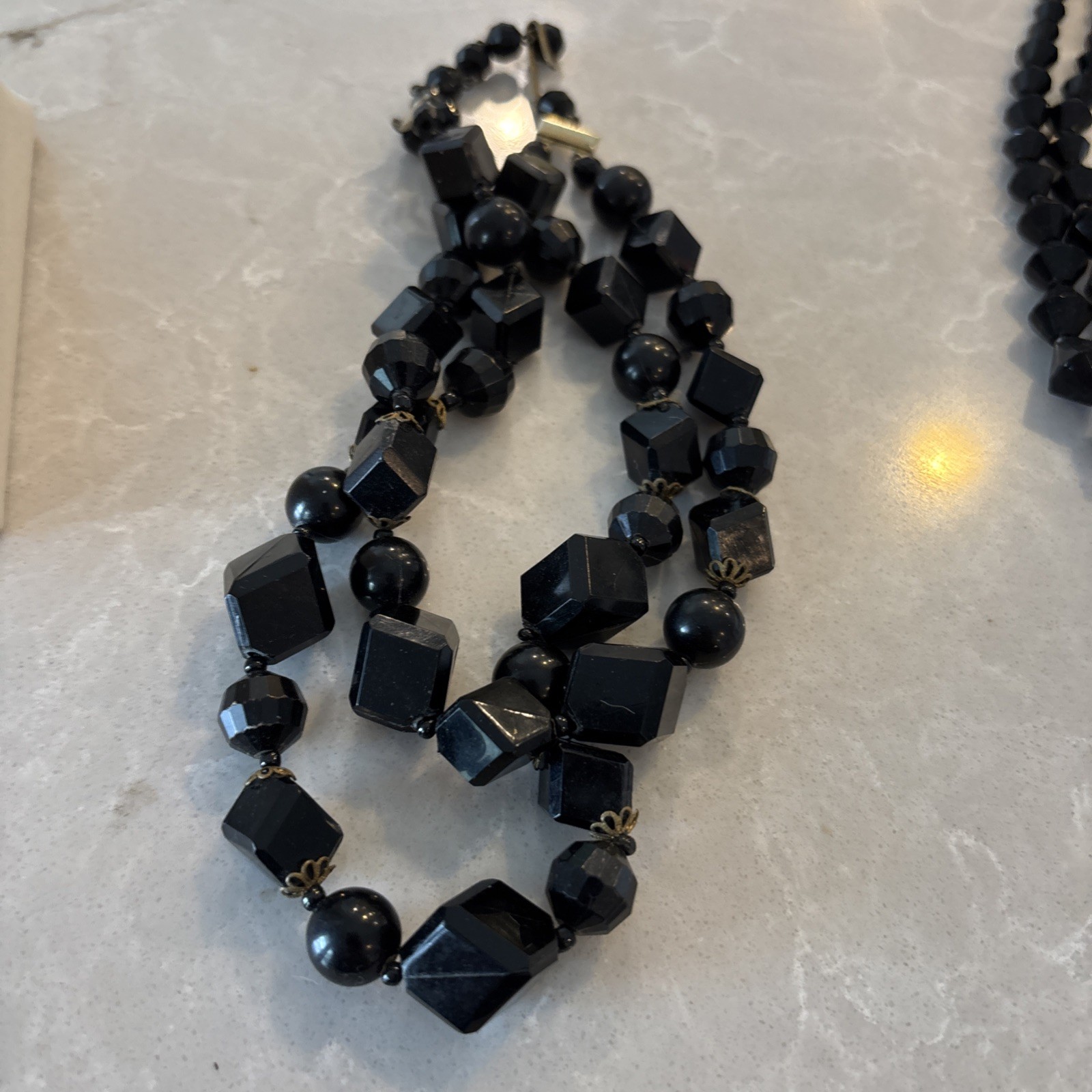 Vtg Art Deco Jet Black Chunky Resin Bead 2 Strand Geometric Cube Necklace F18