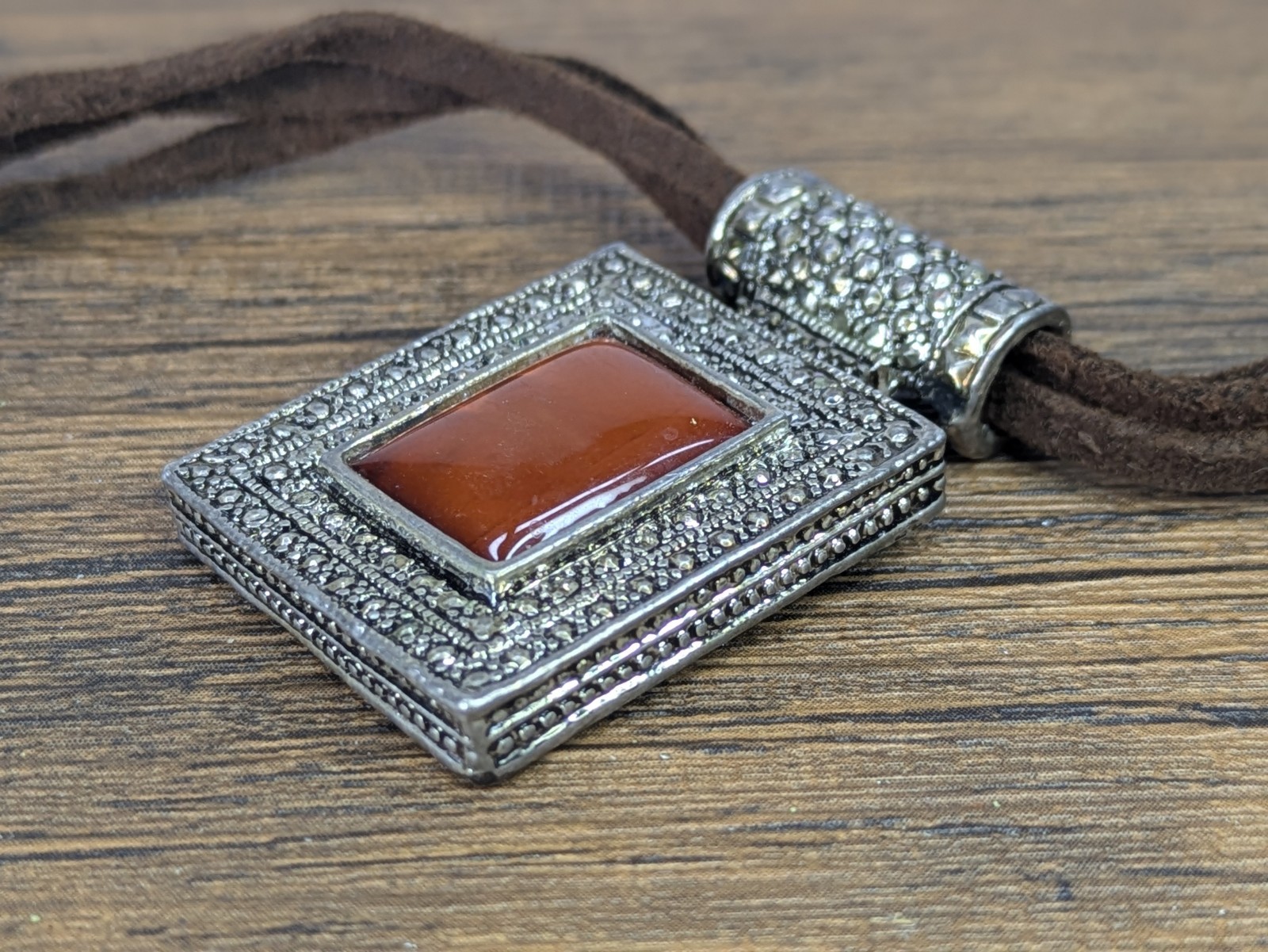 Vintage – 18″ Square Enamel Pendant Necklace, Triple Leather Stranded Chain