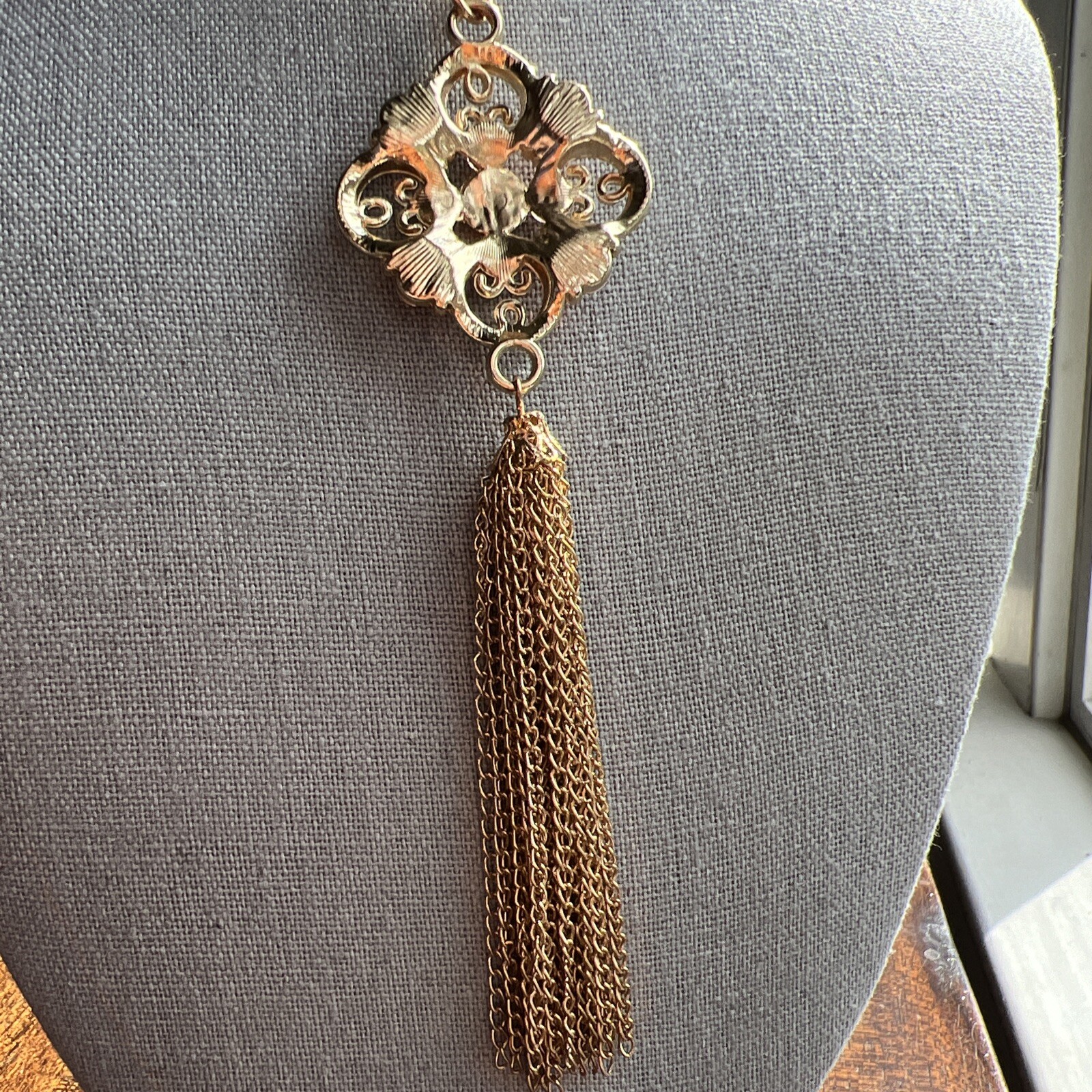 Mid-Century Orange /Pink Rhinestone Gold Tone Tassel Statement Necklace Fabulous