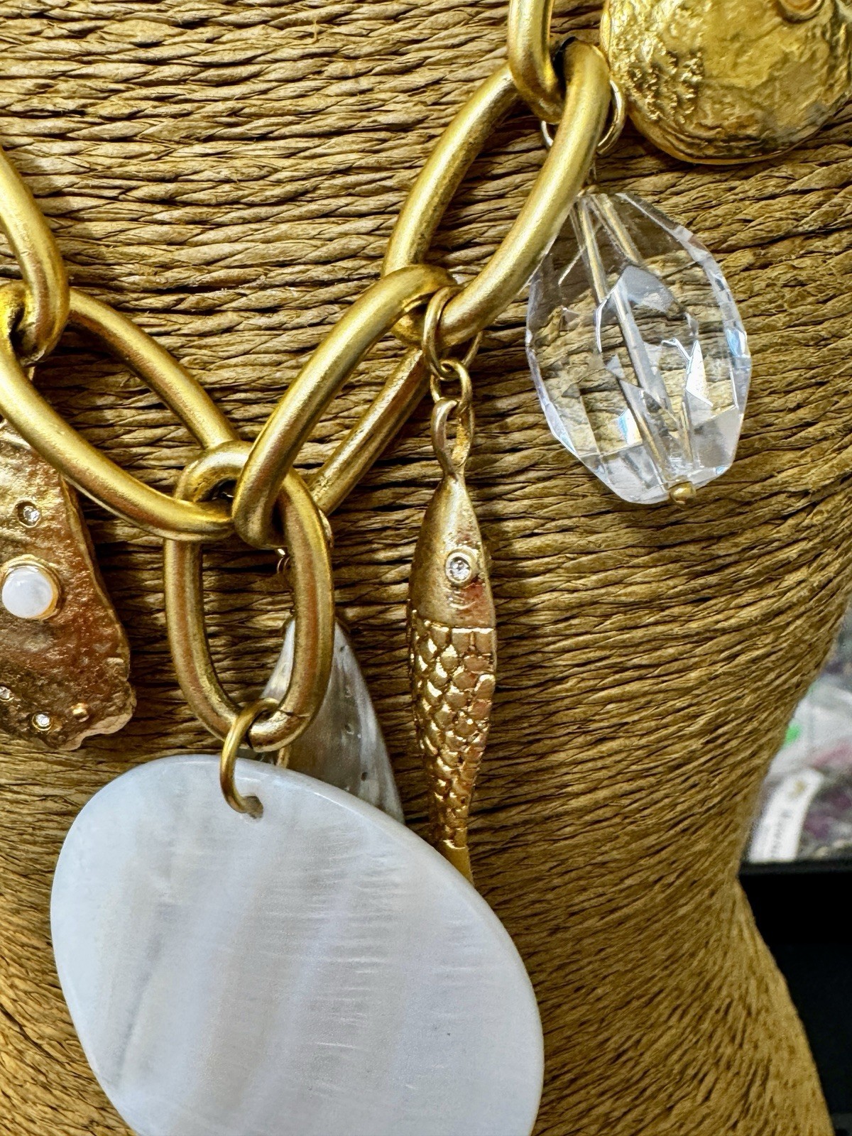 Sequin Gold Tone Link Chain Crystal Charm Necklace Mother of Pearl Shell Disc