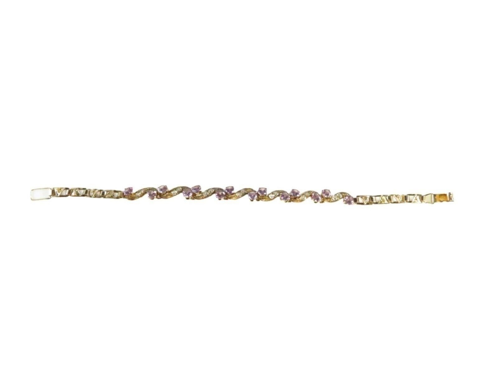 Vintage 9K Gold Lab Created Purple Sapphire & Quartz Bracelet 7″ Length