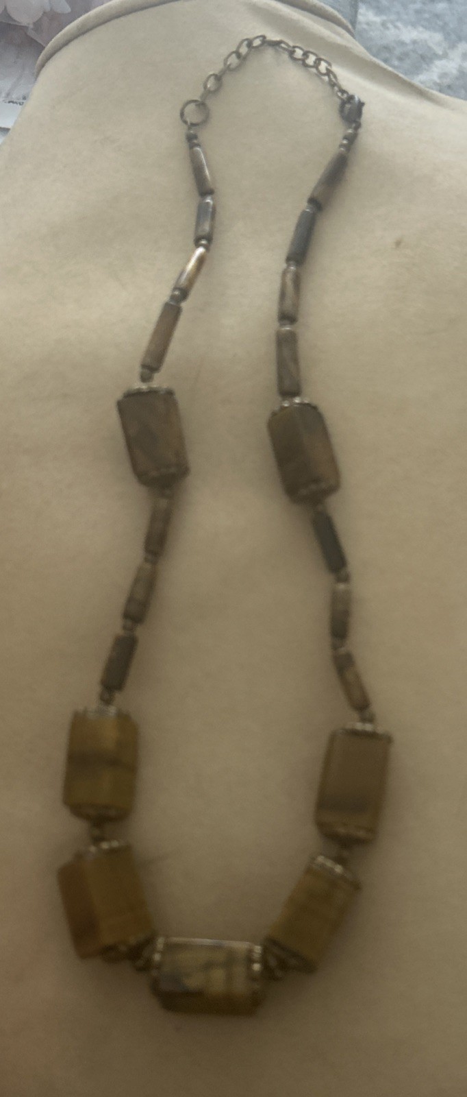 Antique Brass Brown Tiger’s Eye Gemstone 19 Inch Beaded Necklace