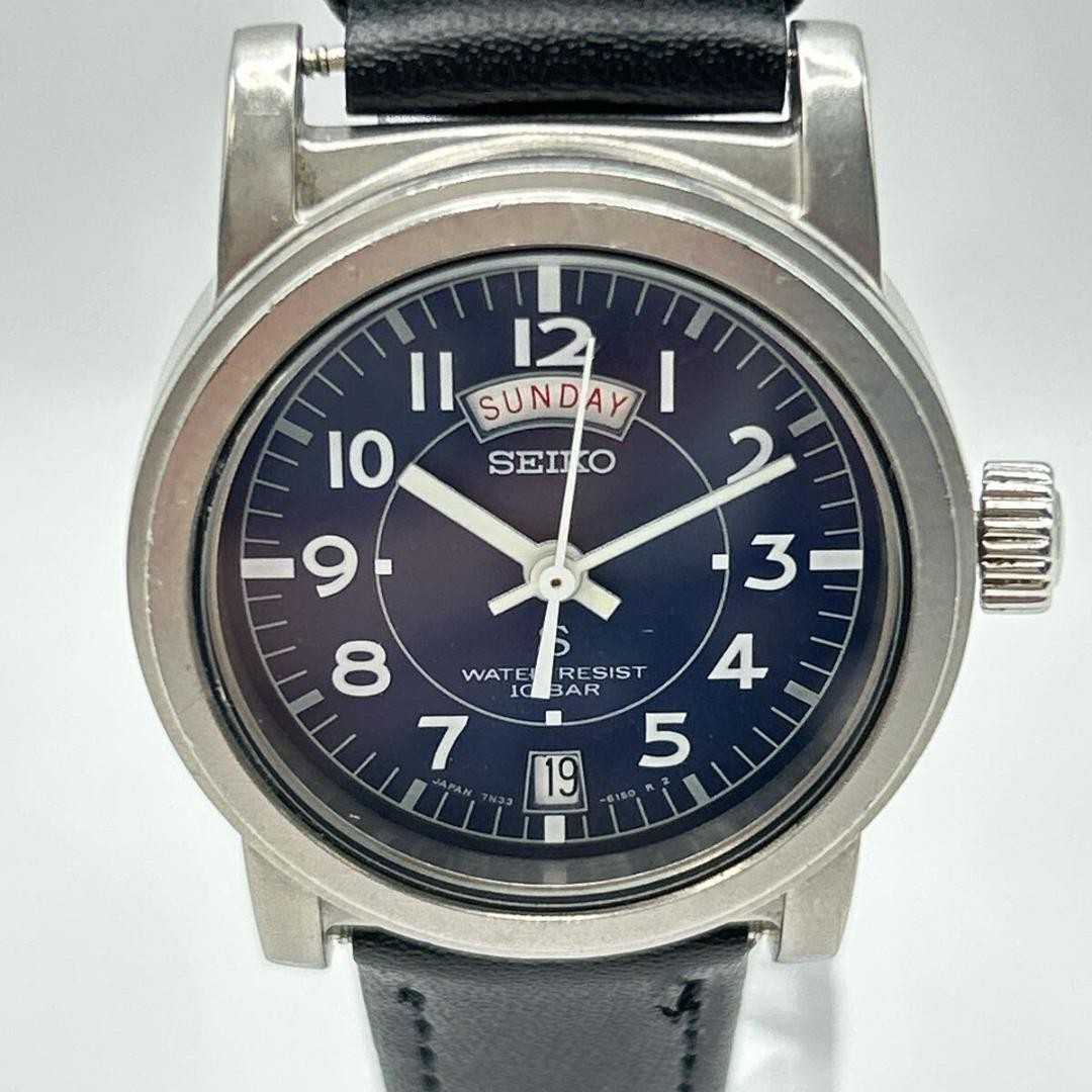 SEIKO SUS Day Date Quartz Watch Navy Dial 18.3cm 7.20in New Battery Running