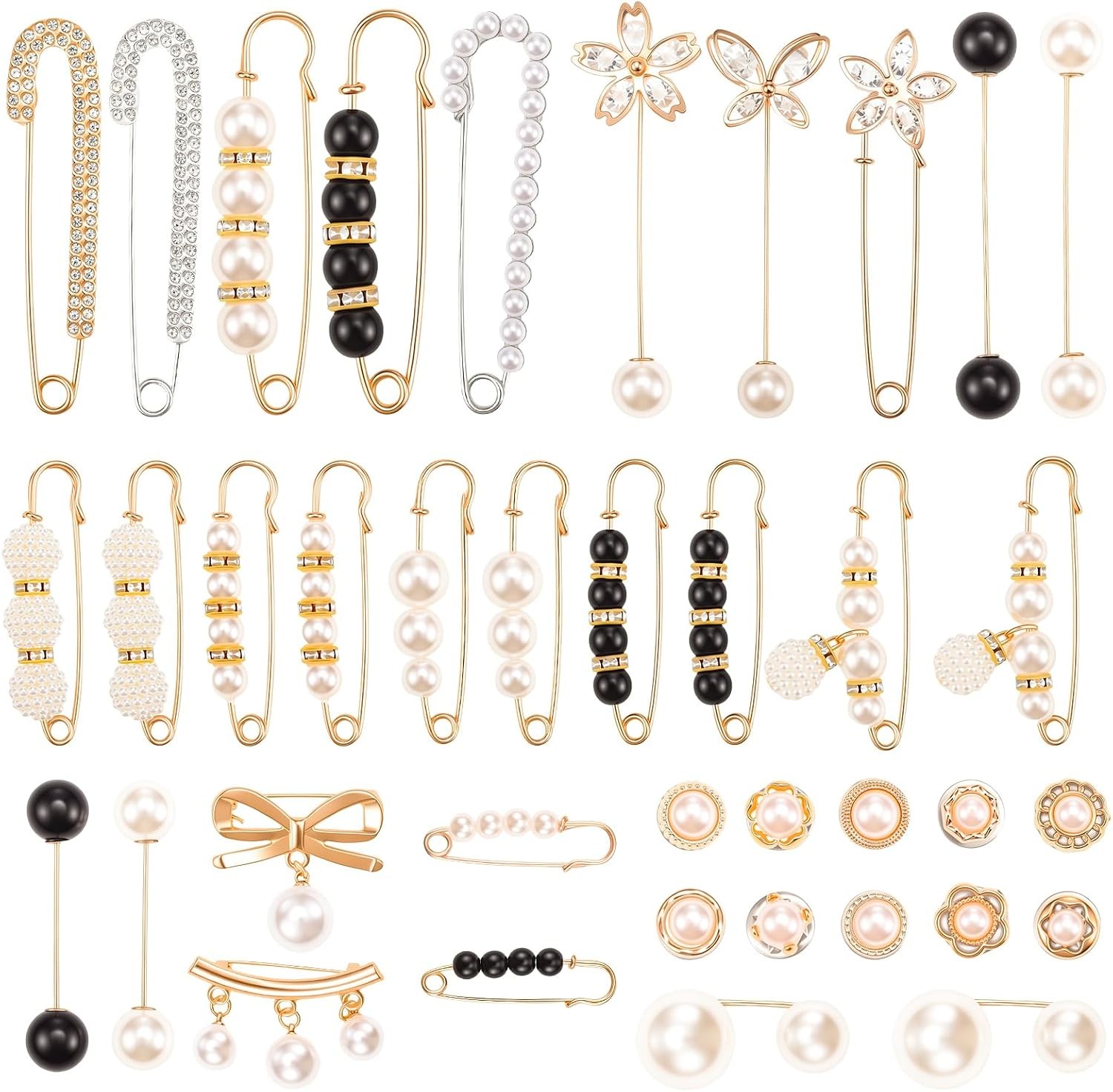38Pcs Pearl Crystal Brooch Safety Pins Pant Waist Tightener Pins for Clothes for