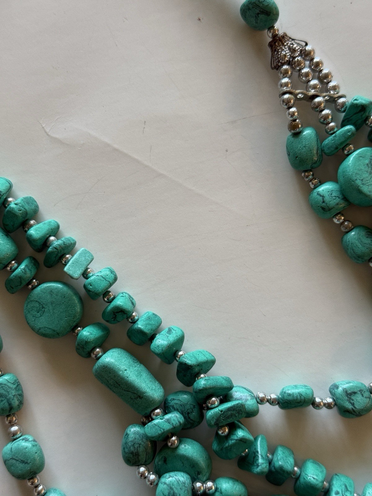 Turquoise Beaded Multi-Strand Layered Statement Necklace Silver Tone Lobster