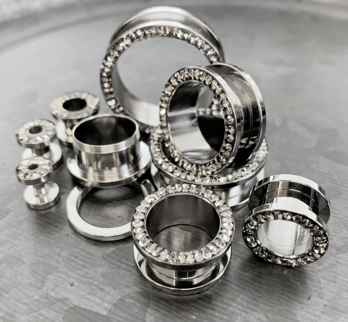 PAIR Epoxy over CZ Gem Rim Tunnels Plugs 316L Surgical Steel Screw Fit Gauges