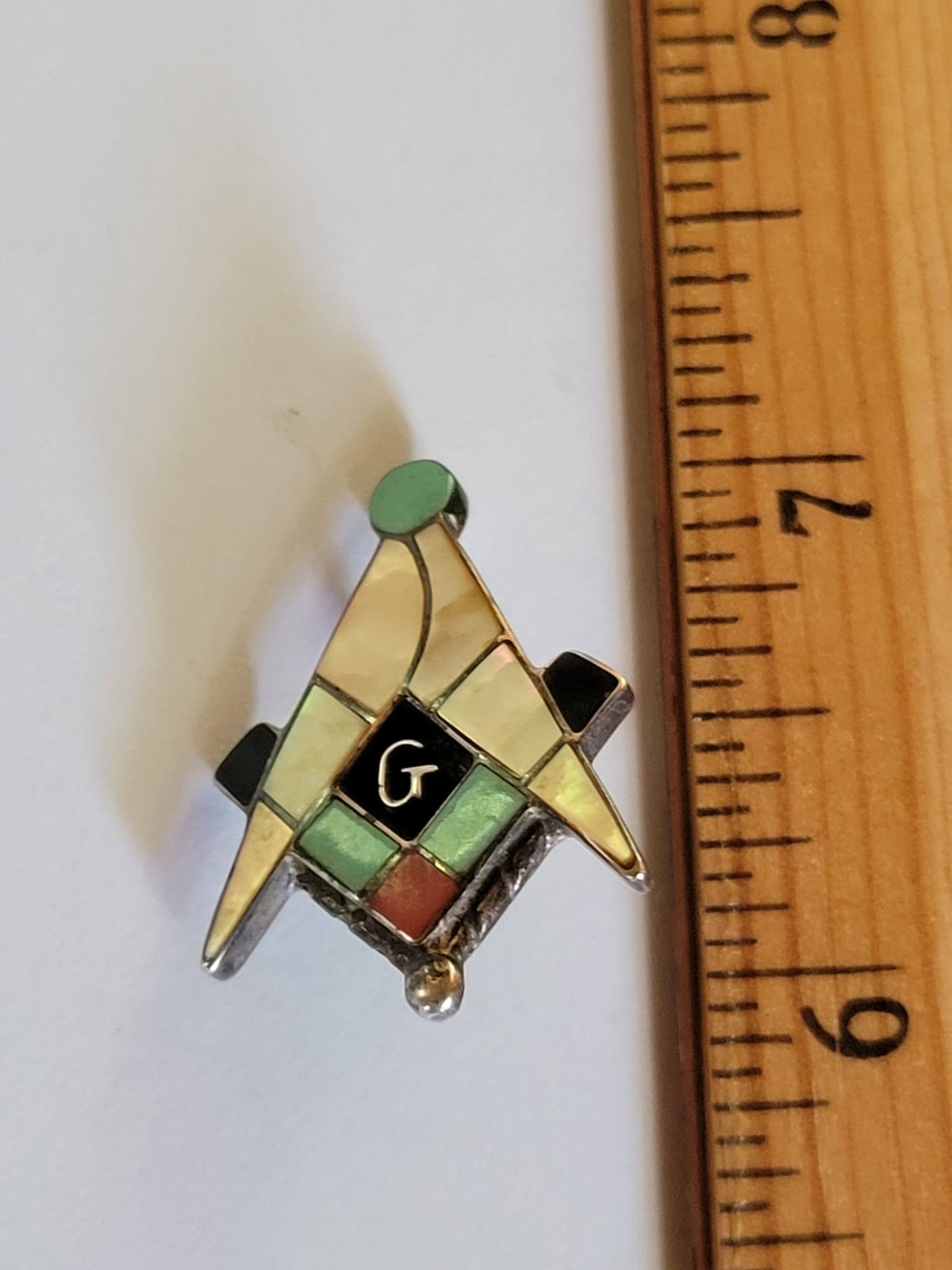 Vintage Zuni Masonic Pin Sterling Silver Multi Inlay Turquoise Native American