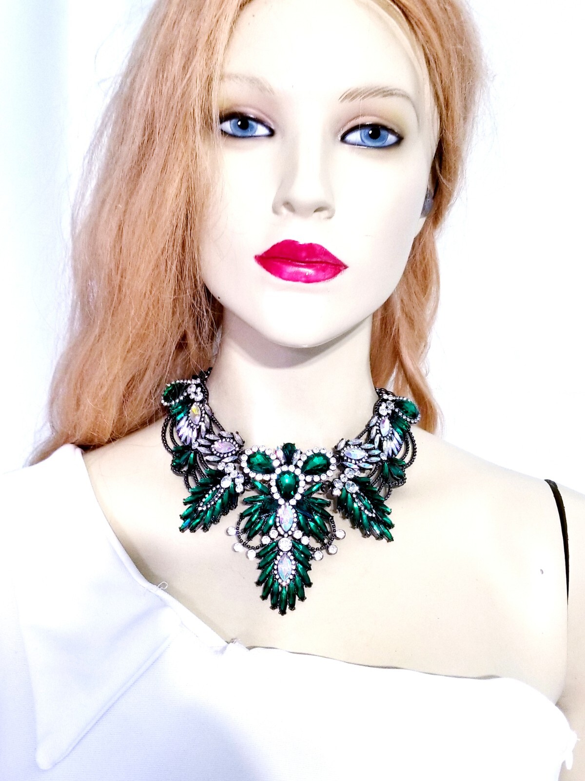 Green Statement Choker Rhinestone Necklace Bridal Prom Pageant Gothic