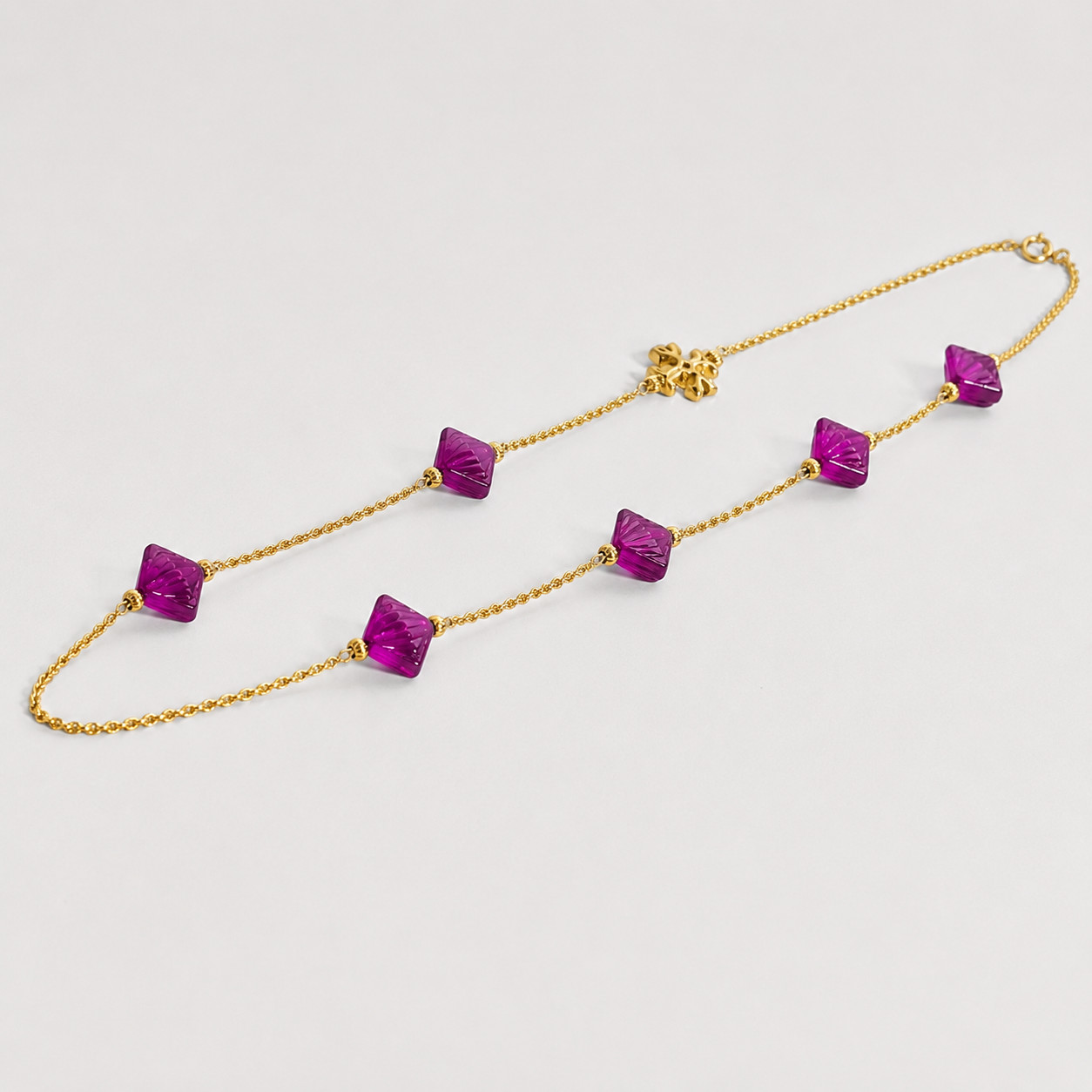 Tory Burch Long Rope Chain Necklace Gold Tone Magenta Square Purple Resin Beads