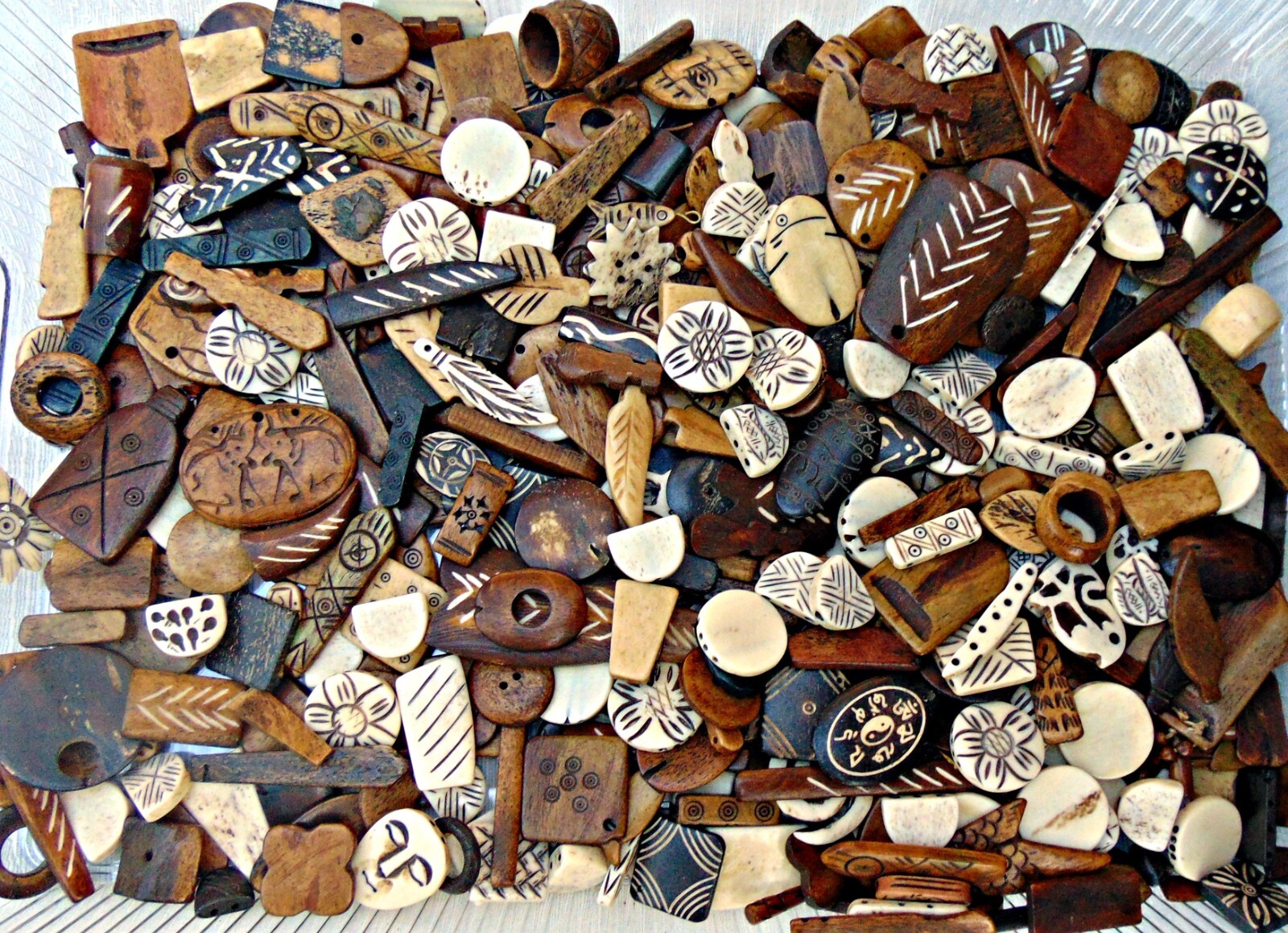 BONE BEAD MIX 1/2 pound (8 oz) ASSORTMENT of Shapes/Size/Colors/Design/Texture
