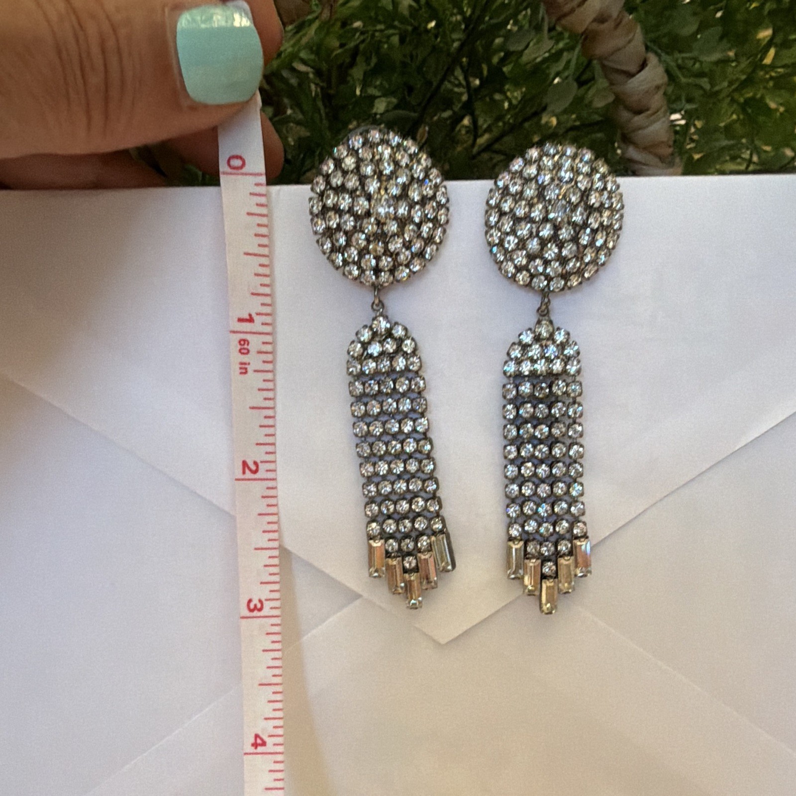 Silver Tone White Pavé Rhinestone Tassel Dangle Earrings Post Back 3 in