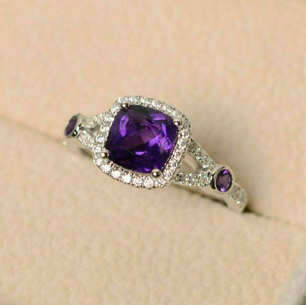 1.90Ct Amethyst Purple Cushion CZ Engagement Ring In 925 Sterling Silver