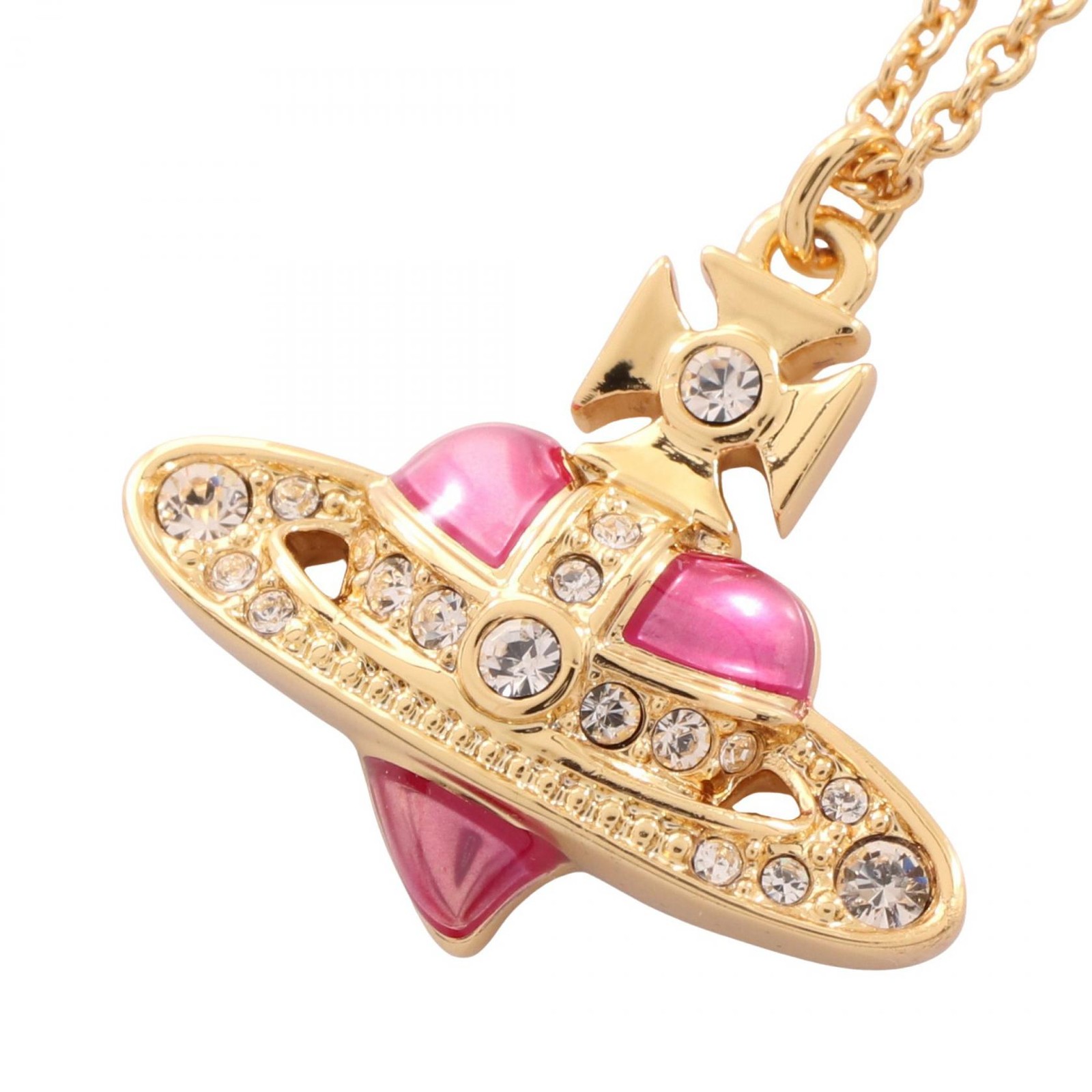 Vivienne Westwood DIAMANTE HEART Orb Necklace Pendant GP Rhinestone Pink NEW