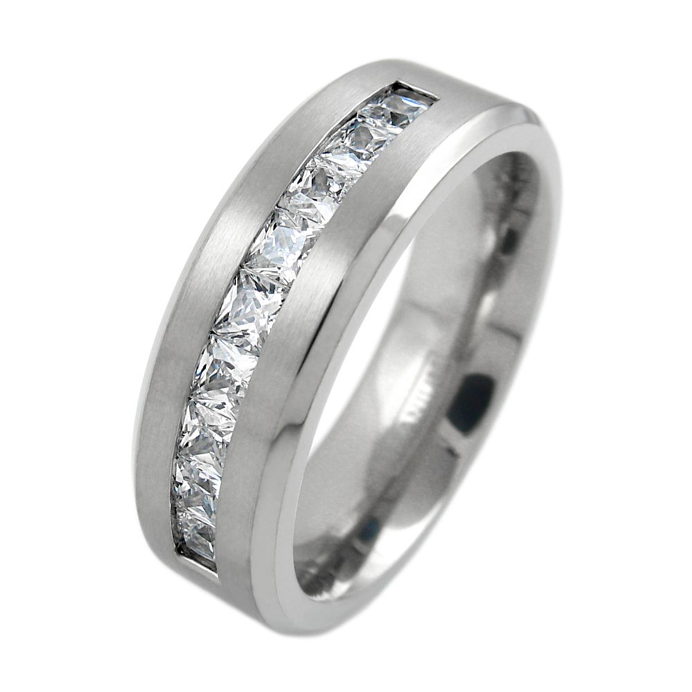 8mm Titanium Men’s 1.8 Carat Princess Cut CZ Brushed Center Wedding Band Ring