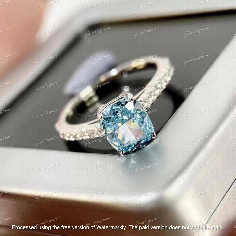 2.30CT Cushion Cut Lab Created Aquamarine Engagement Ring 14K White Gold Finish