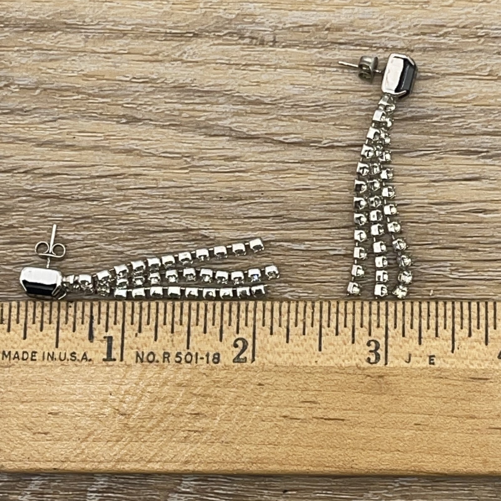 Vintage Rhinestone Black Silver Tone Fringe Stud Earrings Drop Dangle Push Lock
