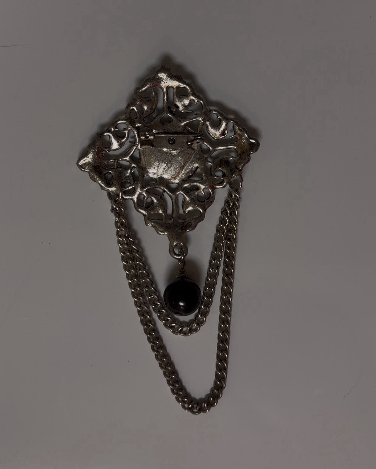 Vintage Gothic Brooch Silver Tone Black Cabochon Mourning Pin Chain Dangle