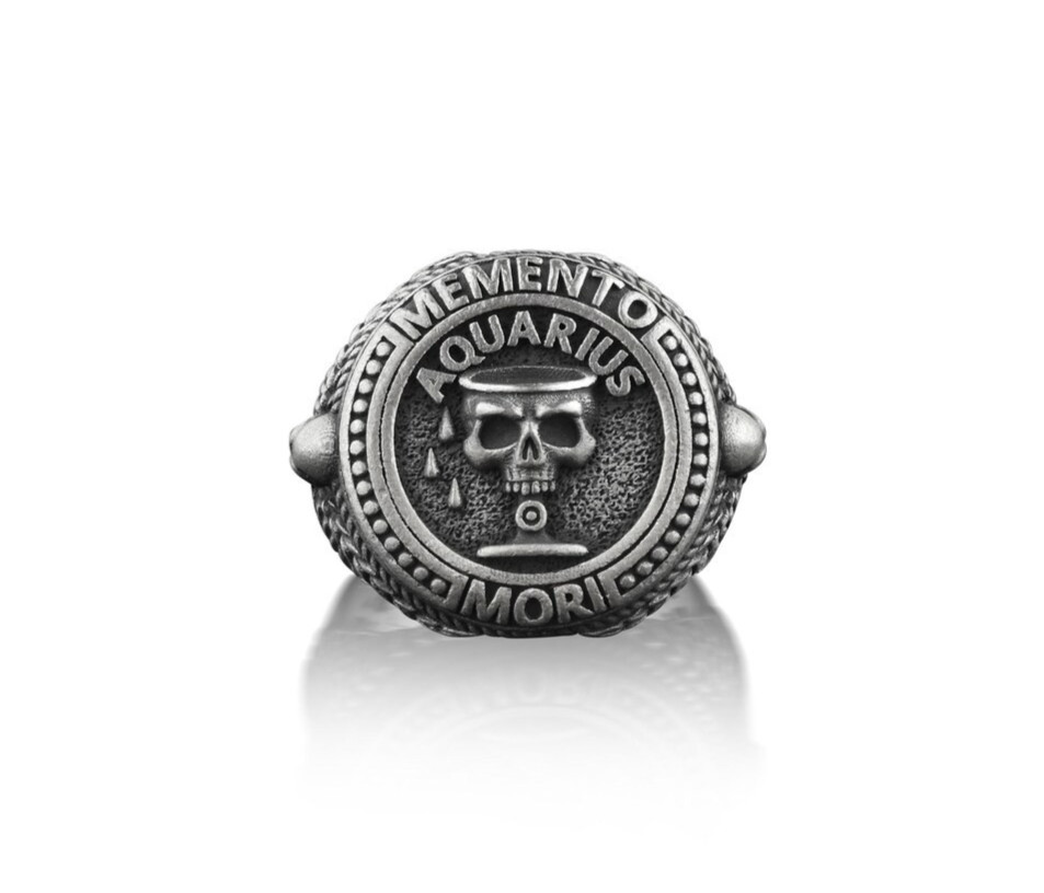 Aquarius Memento Mori Men Ring 925 Sterling Silver Oxidized Ring Duty Free