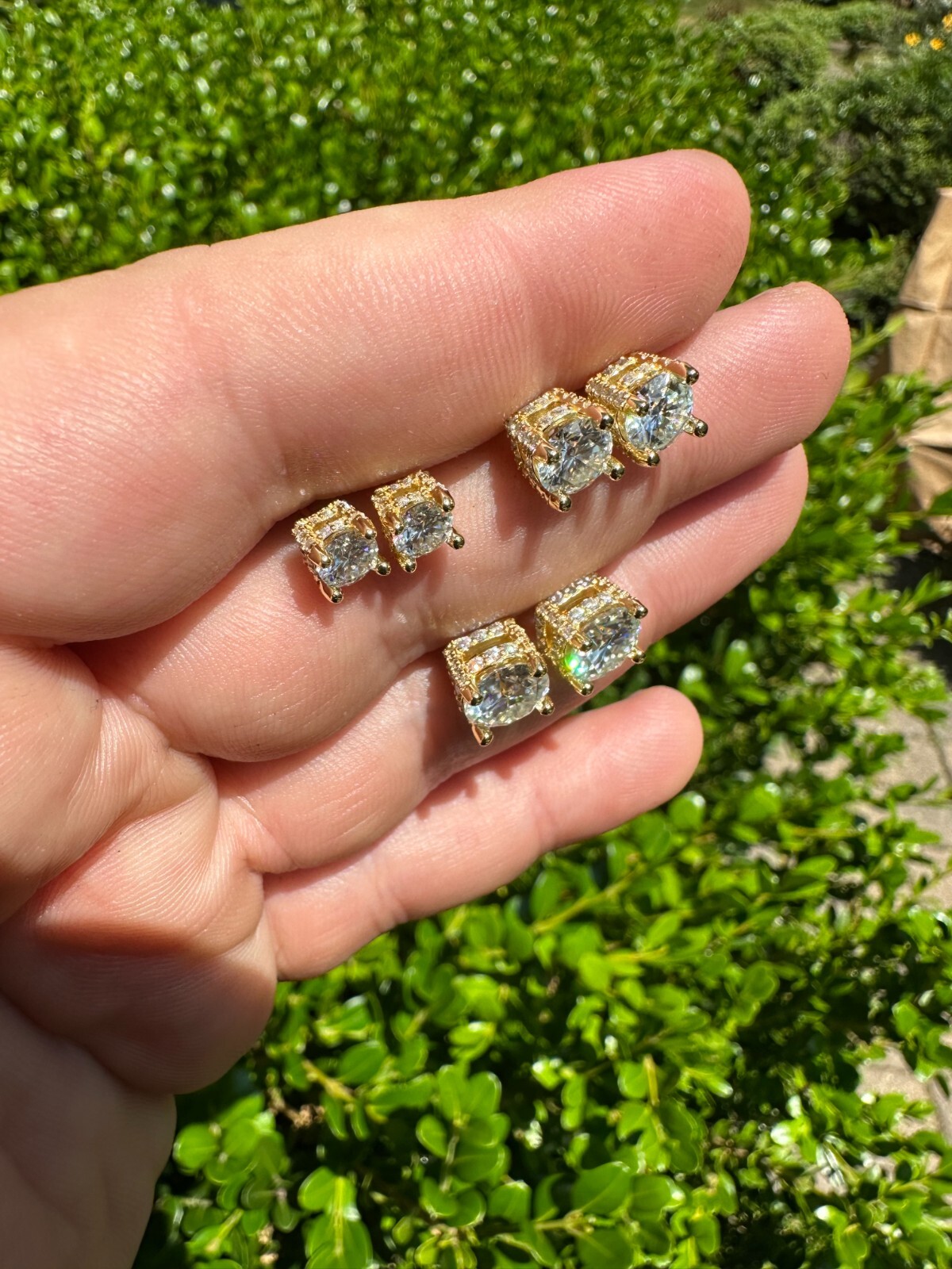 Moissanite 3D Iced Solitaire Screwback Stud Earrings Real 14k Gold Plated Silver