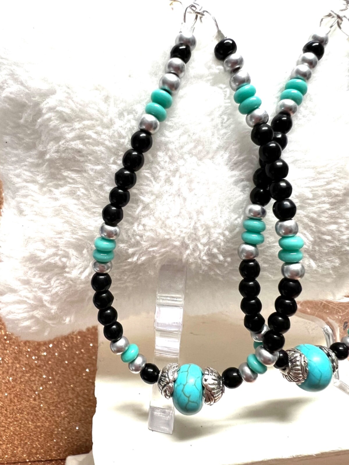 Black Seed Bead Teardrop Sterling Earrings W Turquoise Roundelle Beads 3 3/4 In