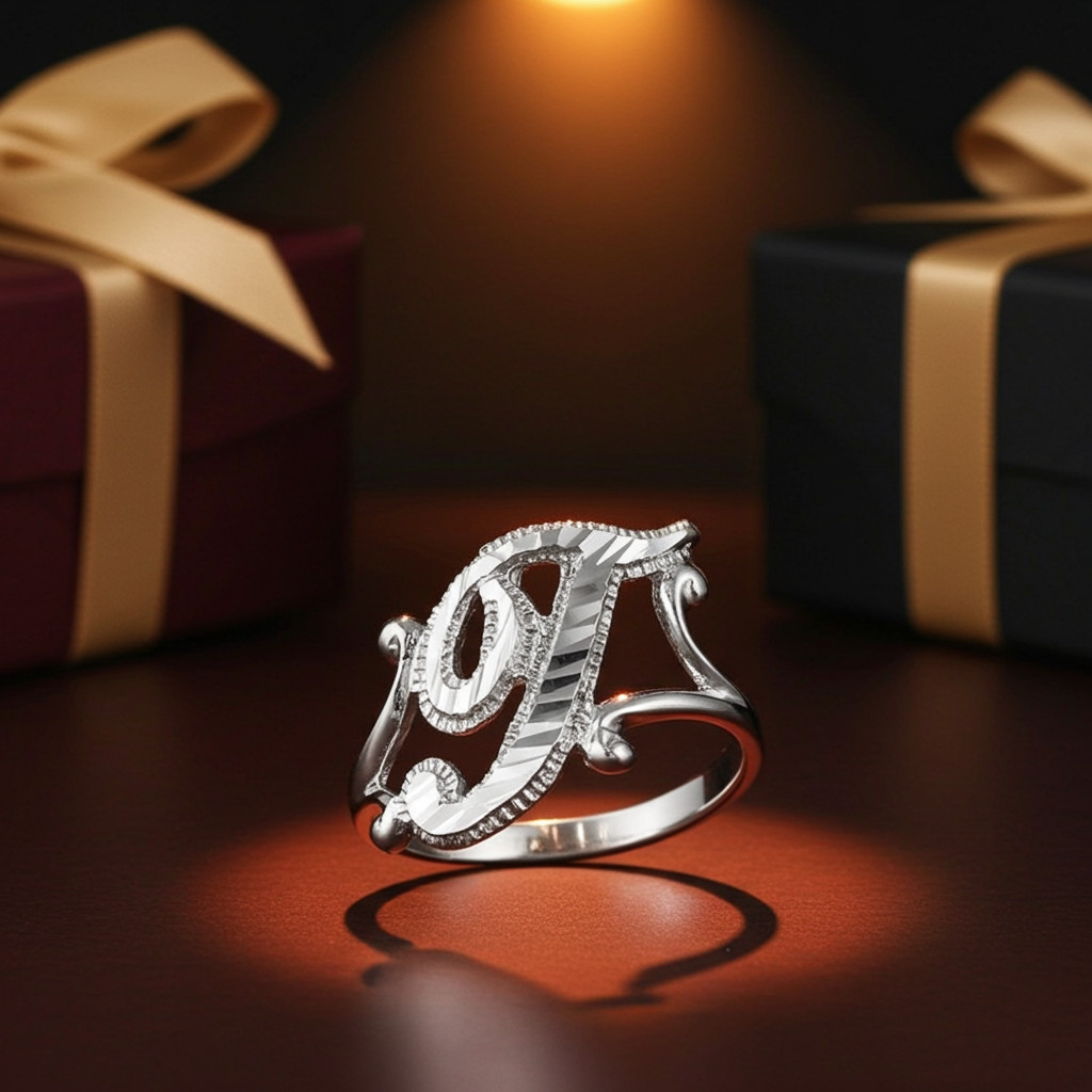 Elegant Sterling Silver Sparkle-Cut Cursive Letter Initial Script Ring for Women