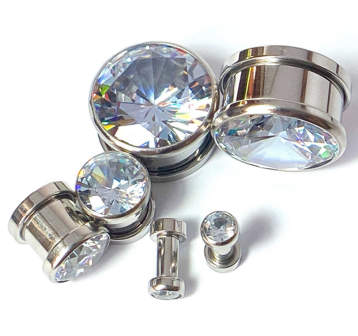 PAIR Large Gem Screw Fit Tunnels Ear Plugs Gauges – select size 6g up to 5/8″