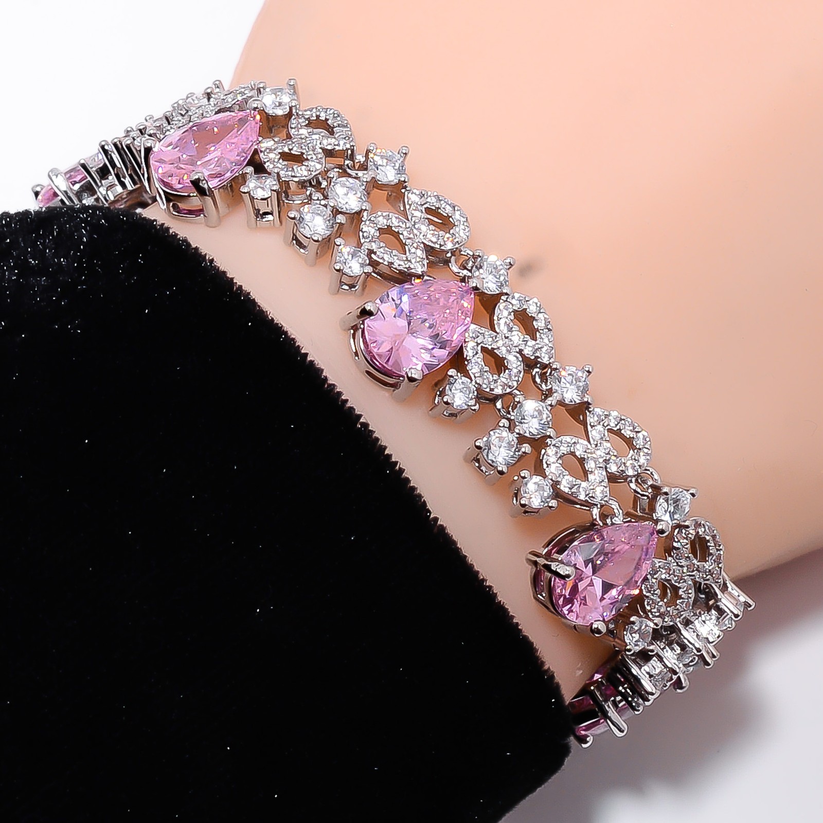 Pink Sapphire -Simulated, CZ 925 Sterling Silver Adjustable Bracelet 7-8″ B9918