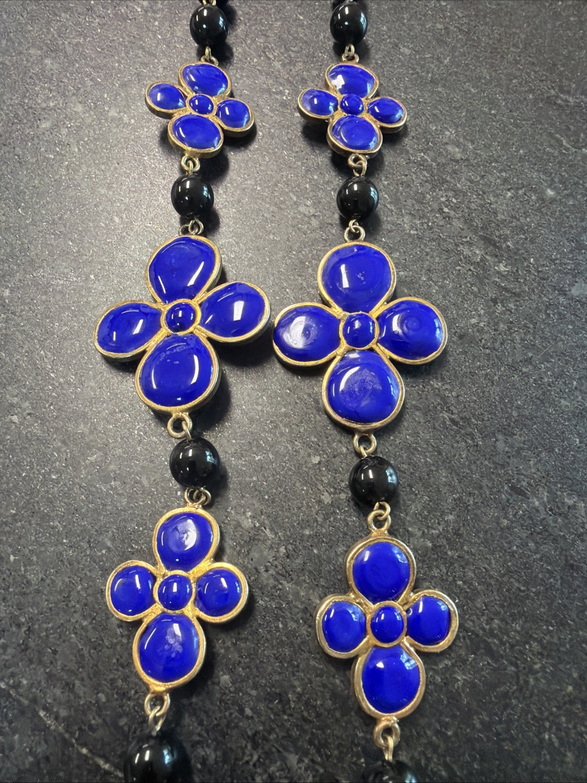 Vtg Françoise Montague Paris 46″ Long Sautoir Necklace Blue Clover Poured Glass