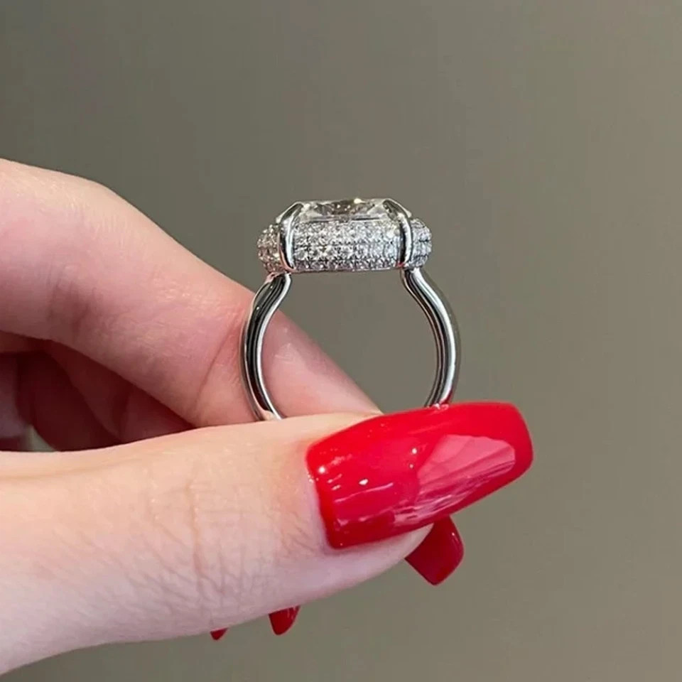 2.70 CTW Oval Moissanite East West Halo Engagement Ring 14K White Gold Plated