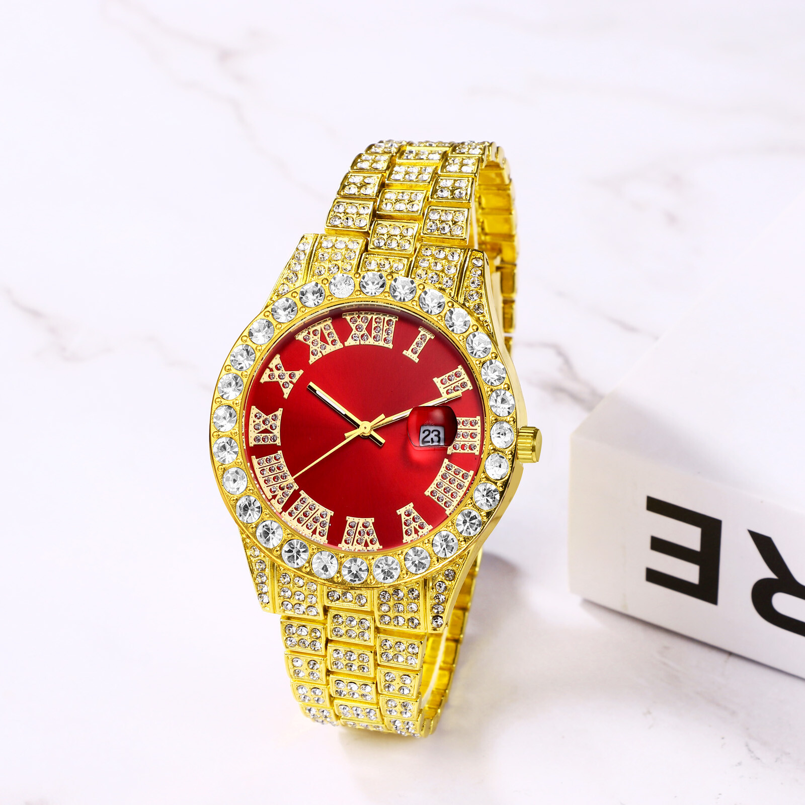 Hip Hop Men CZ Iced Round Stainless Steel Date Quartz Wrist Watch Cuban Bracelet