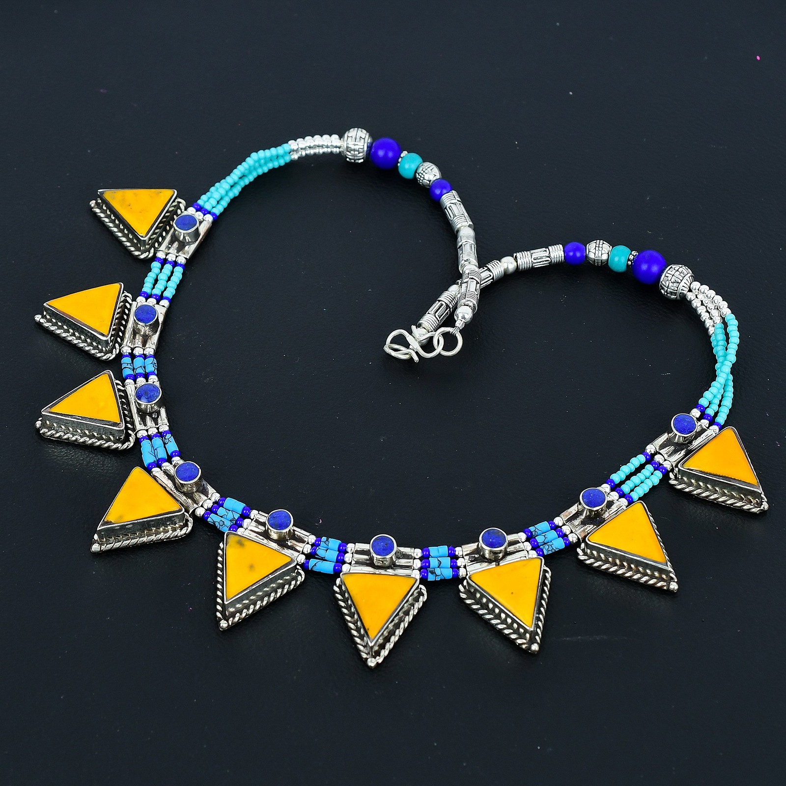 Yellow Coral Turquoise Lapis Lazuli 925 Sterling Silver Gift Necklace 18″ PG 519