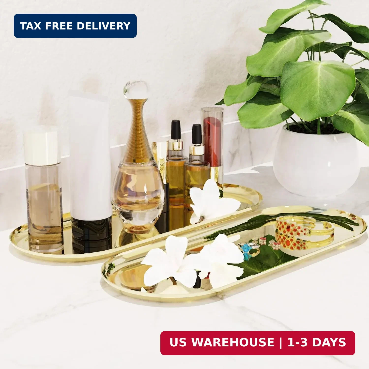 2 Pack Golden Bathroom Sink Vanity Decorative Tray, 12in Oval Trinket Storage fo